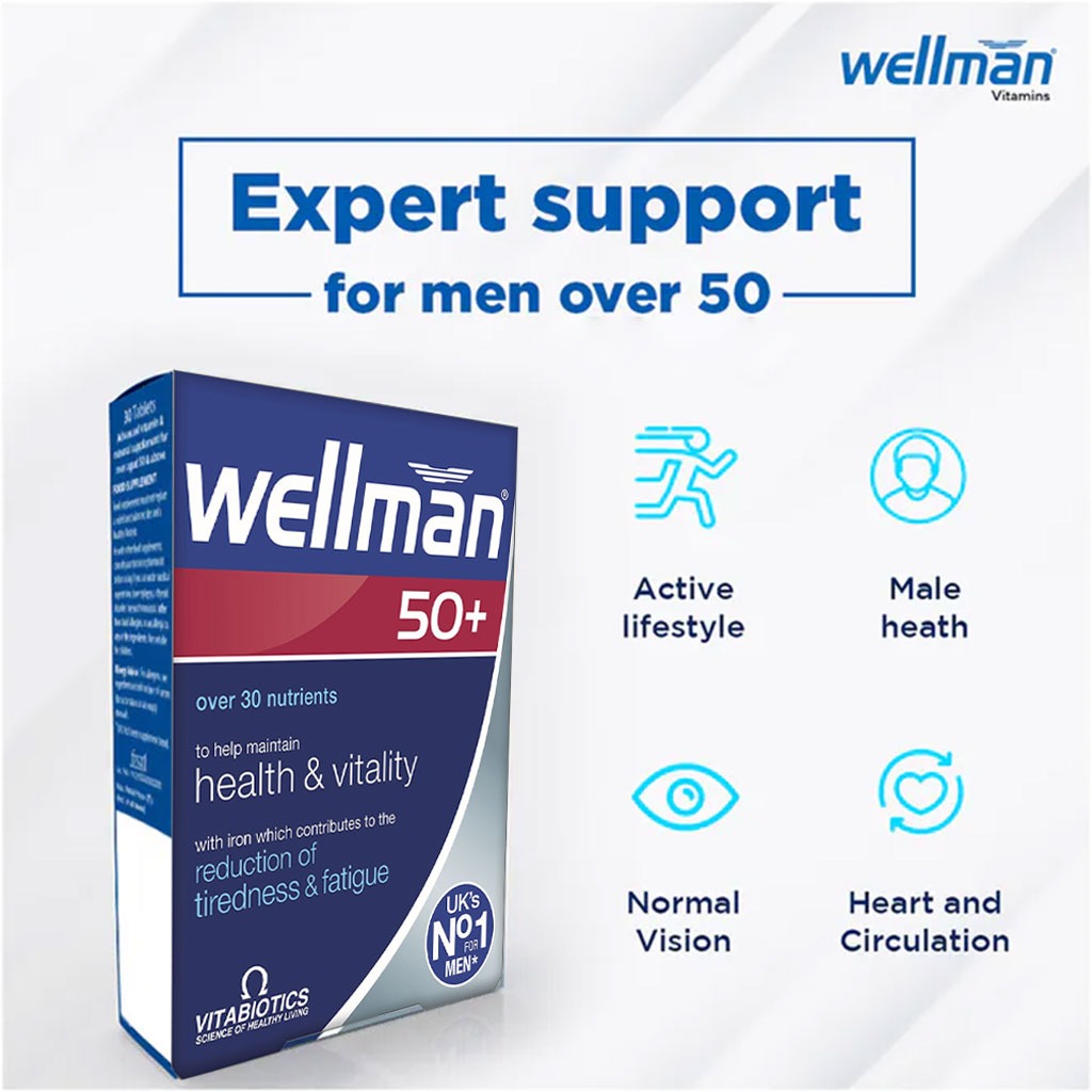 Vitabiotics Wellman 50+ Multivitamin Supplement Tablets For Men With Advanced Micronutrients, Pack of 30's